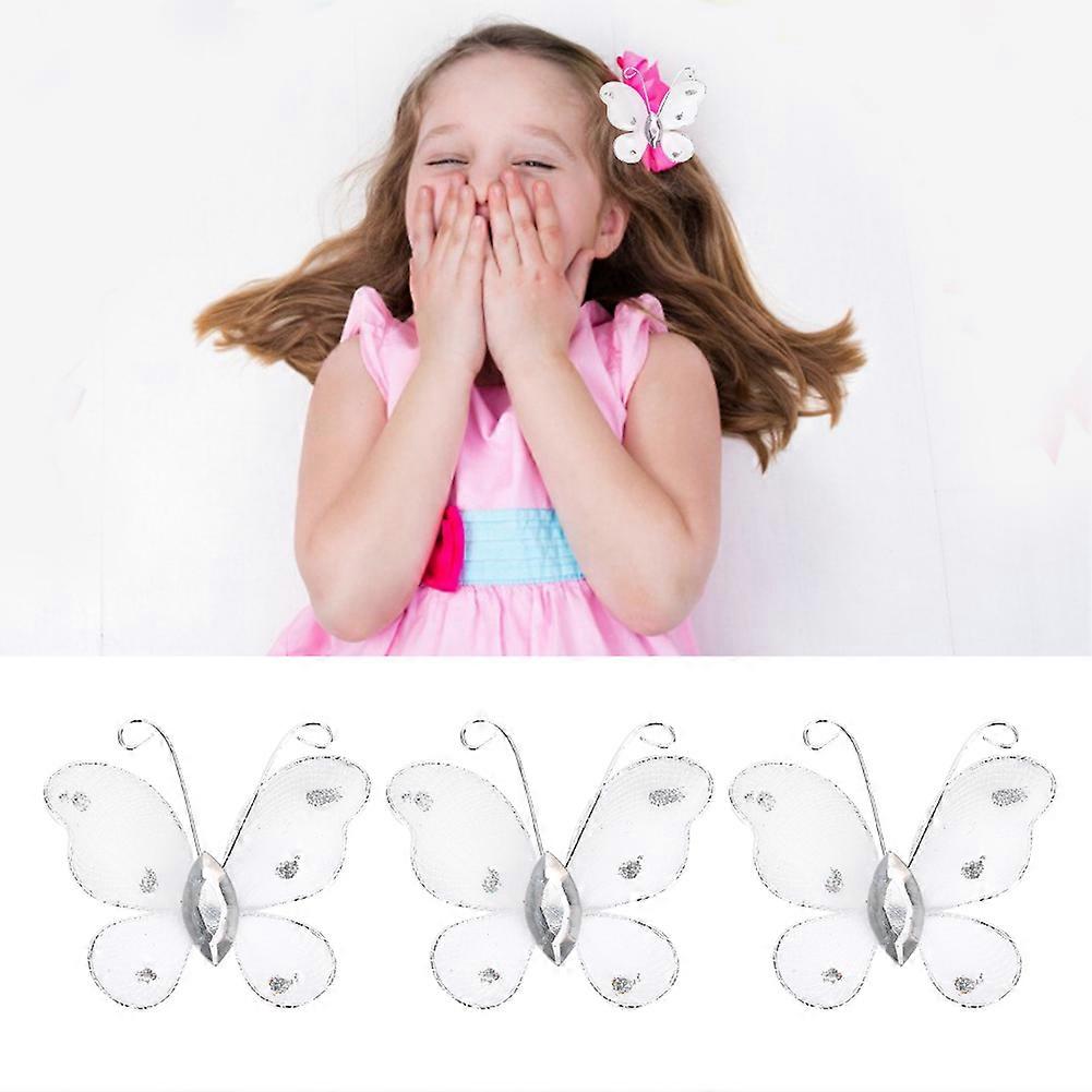 30pcs Wired Mesh Glitter Butterflies with Artificial Gem DIY Handmade Crafts for Weeding Party Home DecorationWhite