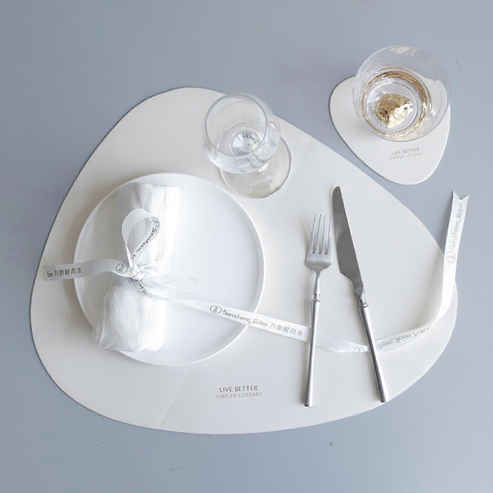 Washable Place Mats with Triangular Coaster Set of 2, Beige White PU Leather, Heat Resistant 36.8 x 45 cm