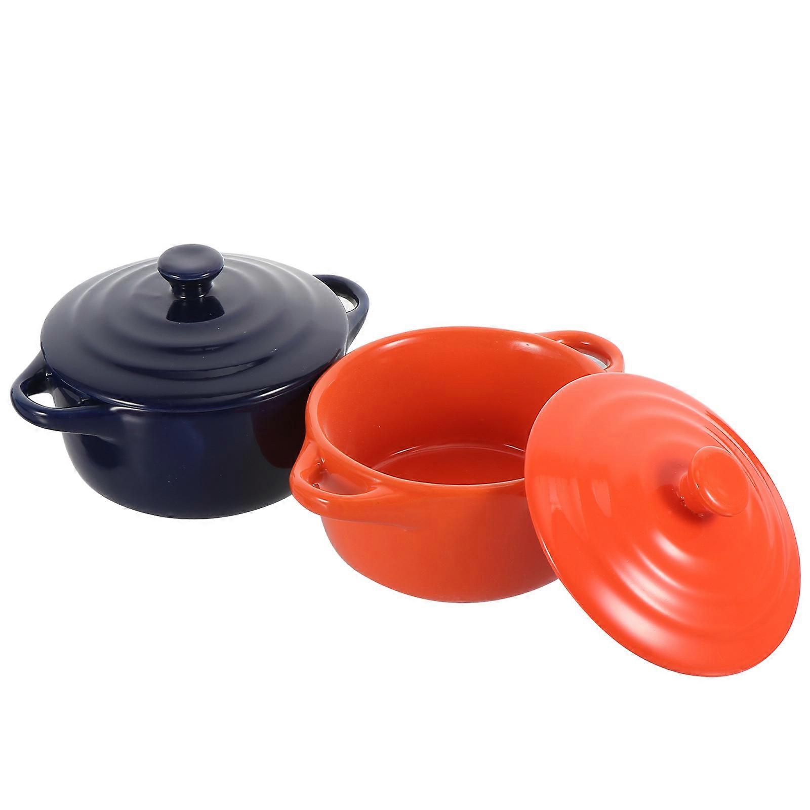 Double Handle Ceramic Food Bowls 2Pcs Round Style Perfect For Mealtime Insulation With Lid In Assorted Color