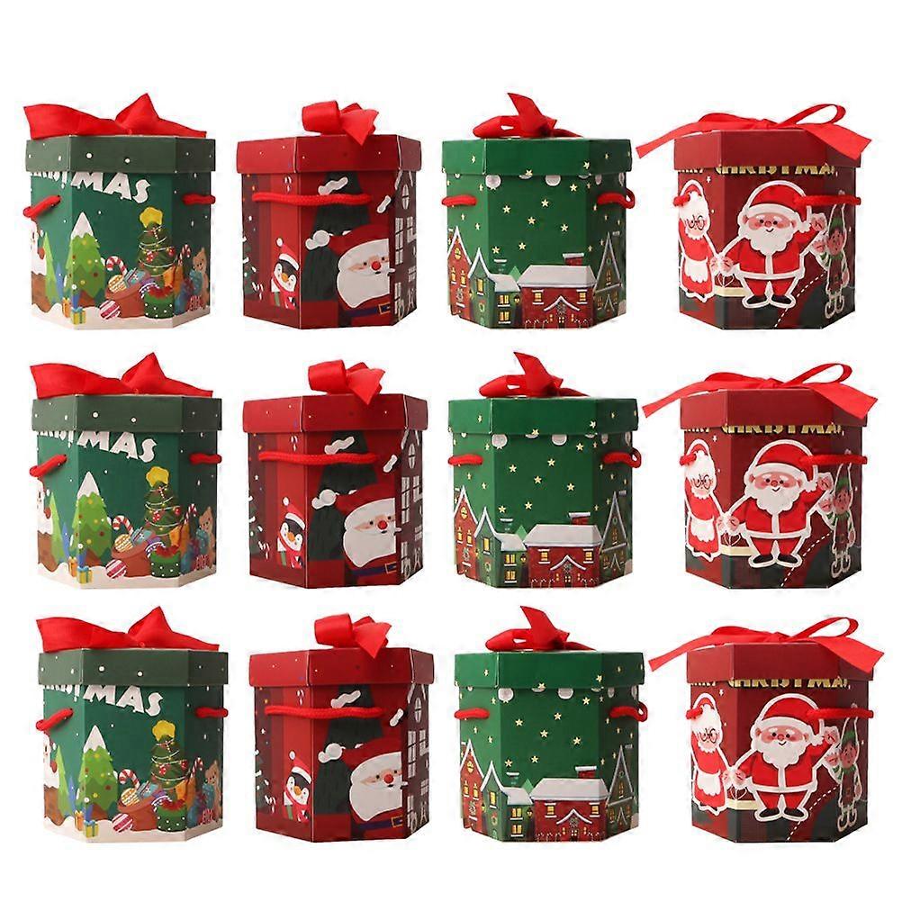 12pcs Xmas Candy Packing Boxes Christmas Themed Paper Boxes Handle Design Gift Packaging Boxes