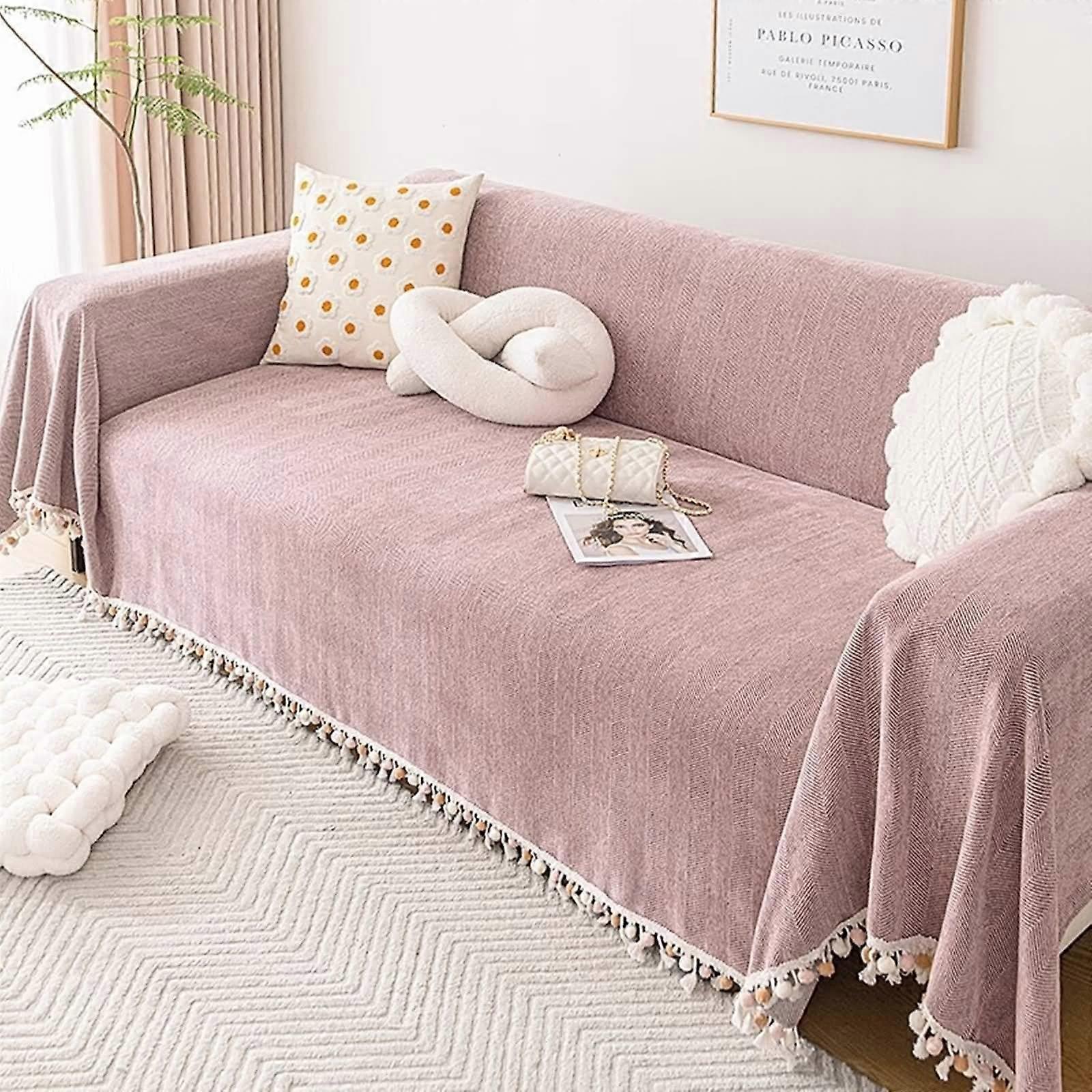 Pink Couch Cover 3 Cushion Chenille Solid Color Herringbone Textured With Tassels For Dogs And Pets 71 W x 134 L