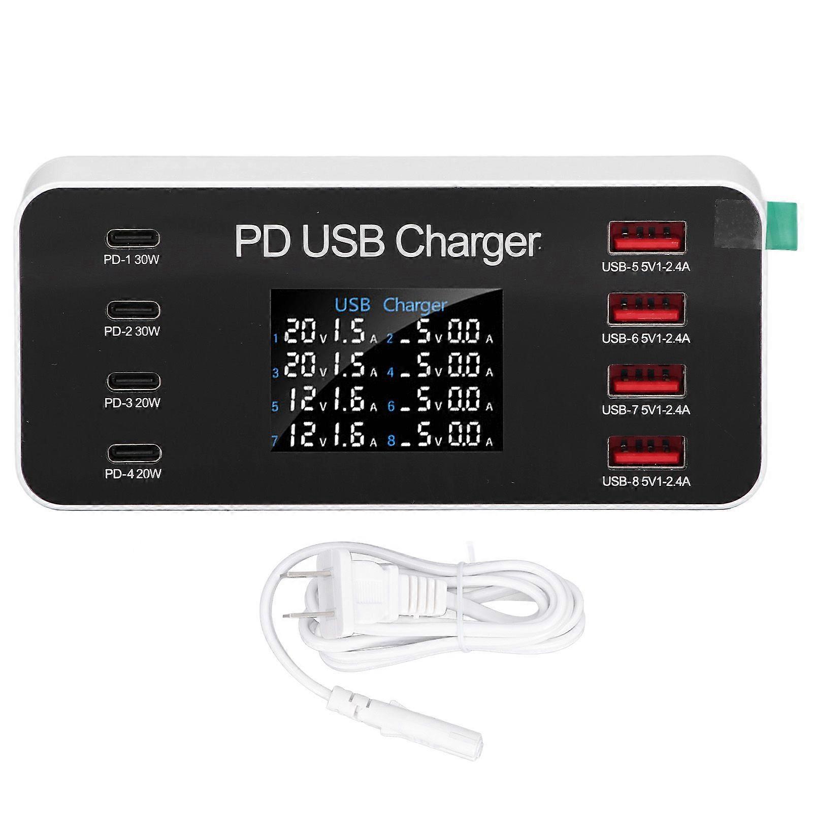 Desktop USB Charger 8 Port PD 30W Digital Display USB Charging Station for Phone Tablet 100240V US Plug