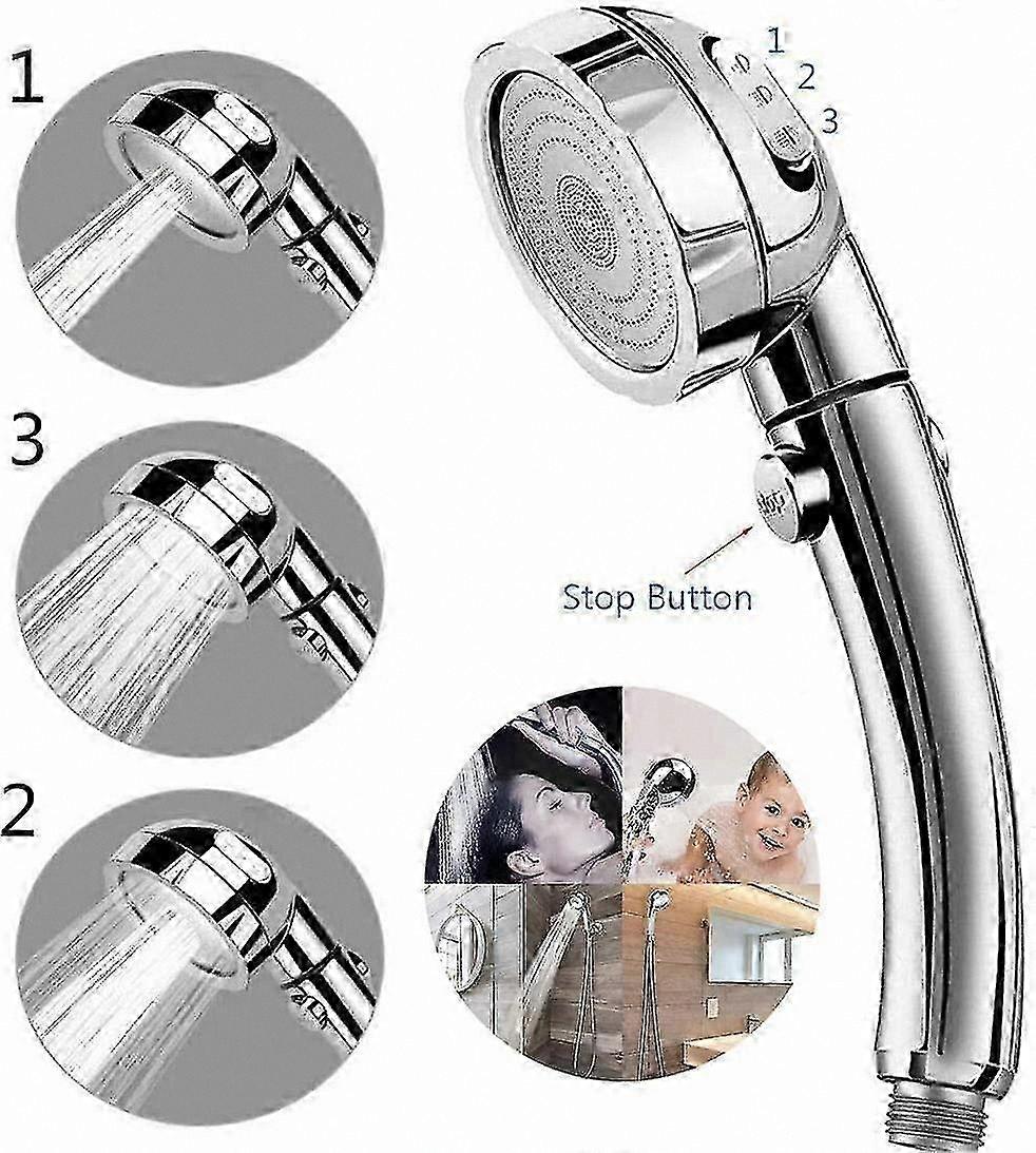 Adjustable 3-in-1 Shower Head with Pause Function, Chrome Finish, 360-Degree Rotating Handheld Shower Spray