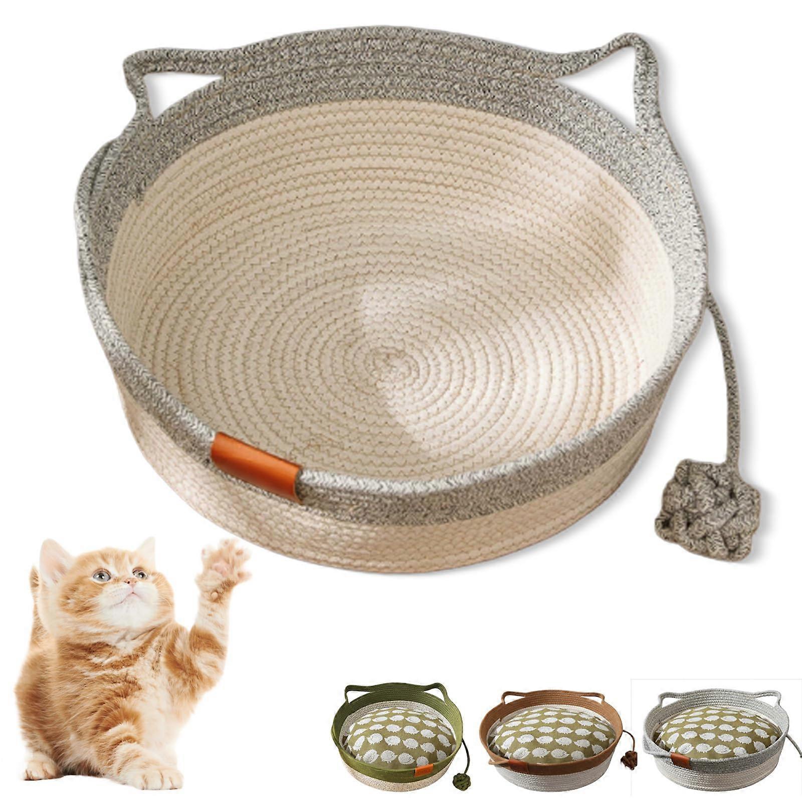 Woven Rope Cat Basket 16in - Dual Pet Scratching Pad with Toy and Blanket, Gray A, Furniture Protector