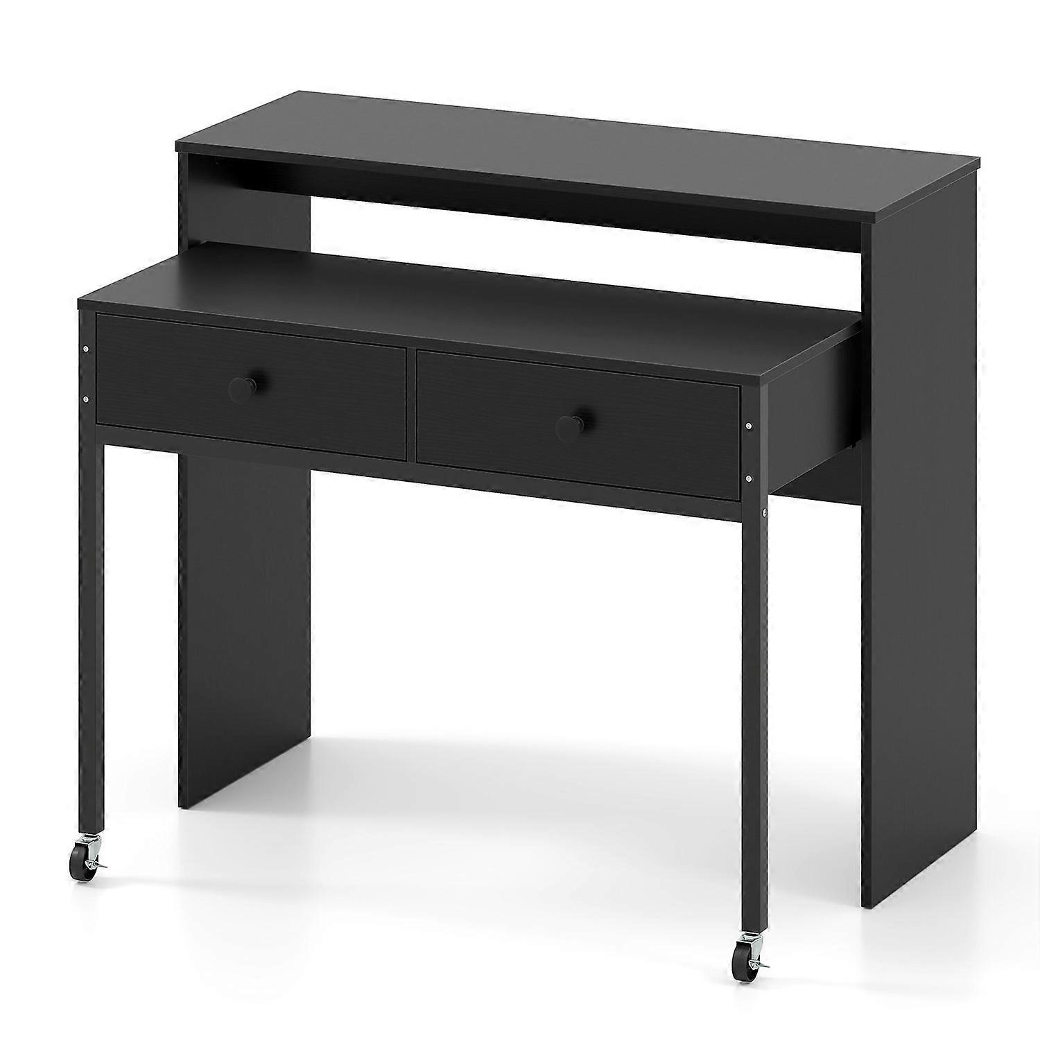 Extendable computer desk with 2 drawers & wheels, black