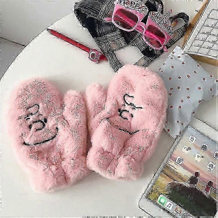 Cartoon plush gloves, winter furry double-layer warm finger gloves soft and comfortable