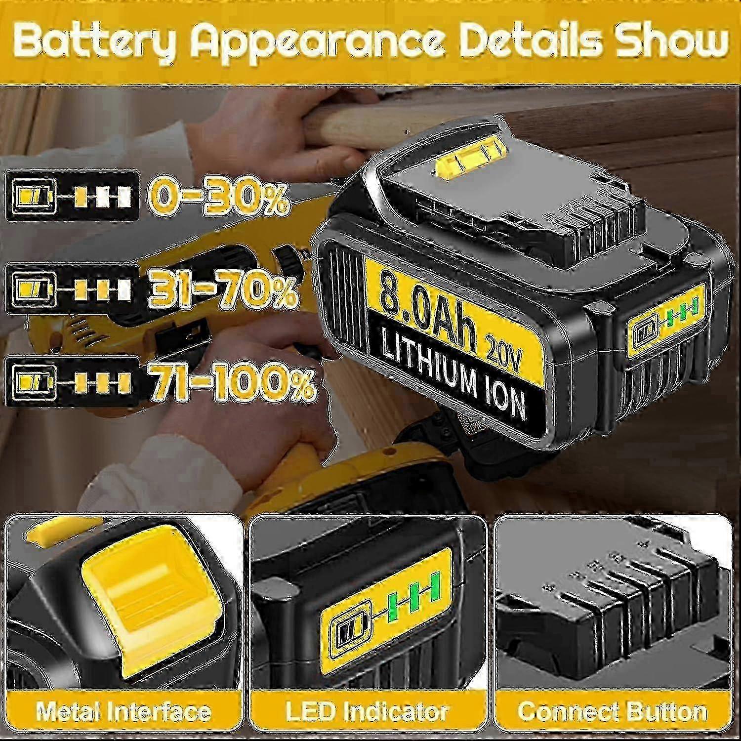 4 Pack 8.0ah 18v/20v Replacement Batteries for Dewalt - Compatible with Dcb
