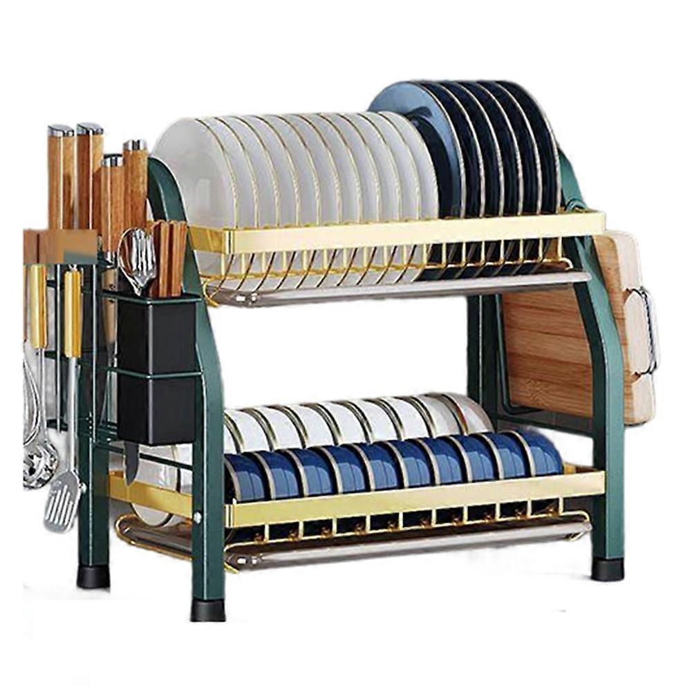Kitchen Countertop Bowl Rack Double-Layer Tableware Storage Rack Multifunctional Integrated Bowl Rack,Green & Gold