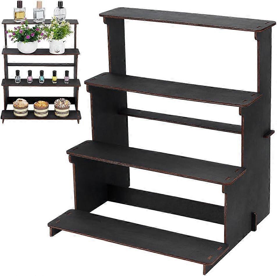 4-Tier Black Display Stand Straight Wooden Retail Table Display Stand with Shelves 4 Step Straight Display Rack for Counter Top Craft Shows Farmers Ma