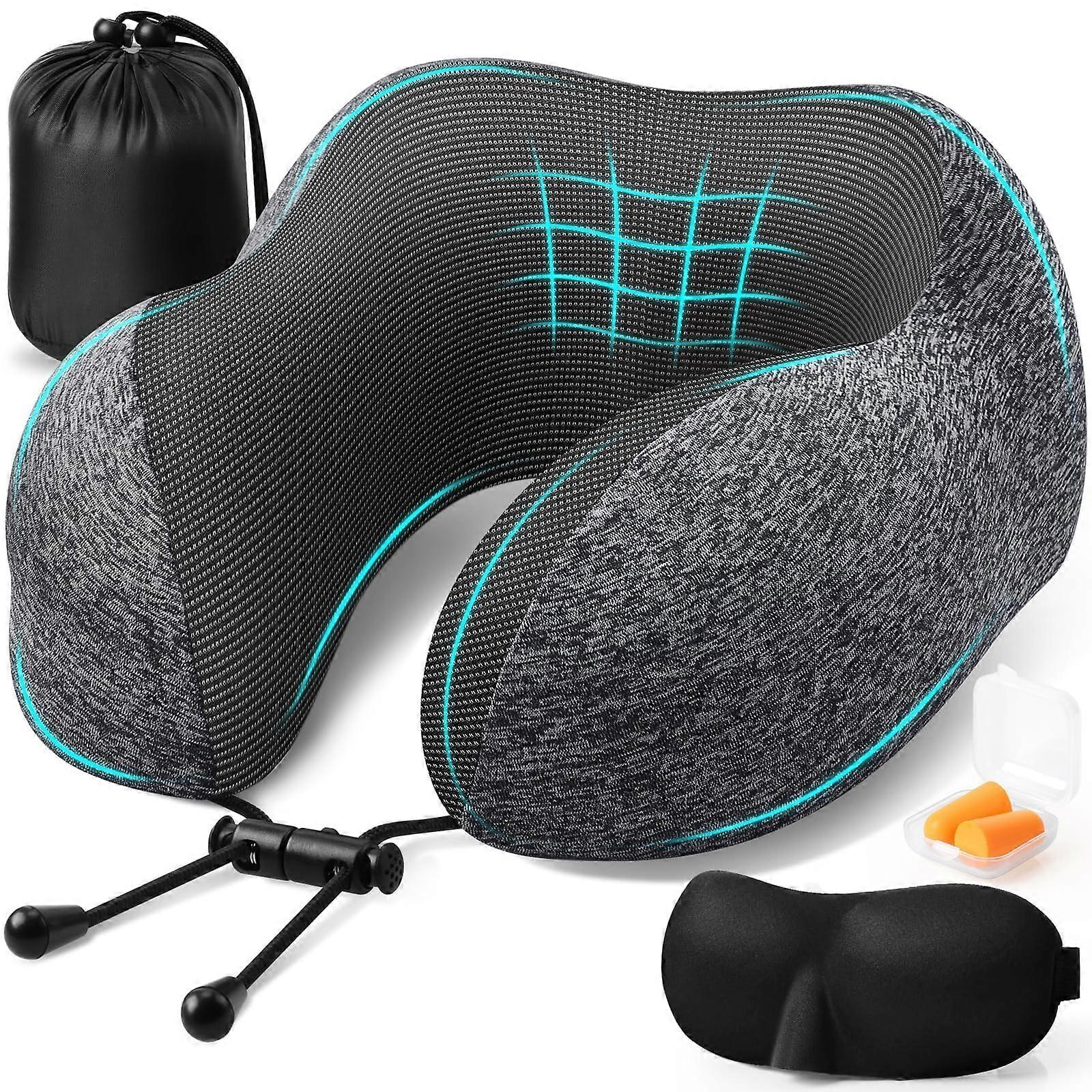 Memory Foam Travel Neck Pillow with Eye Mask Earplugs and Washable Cover for Airplane