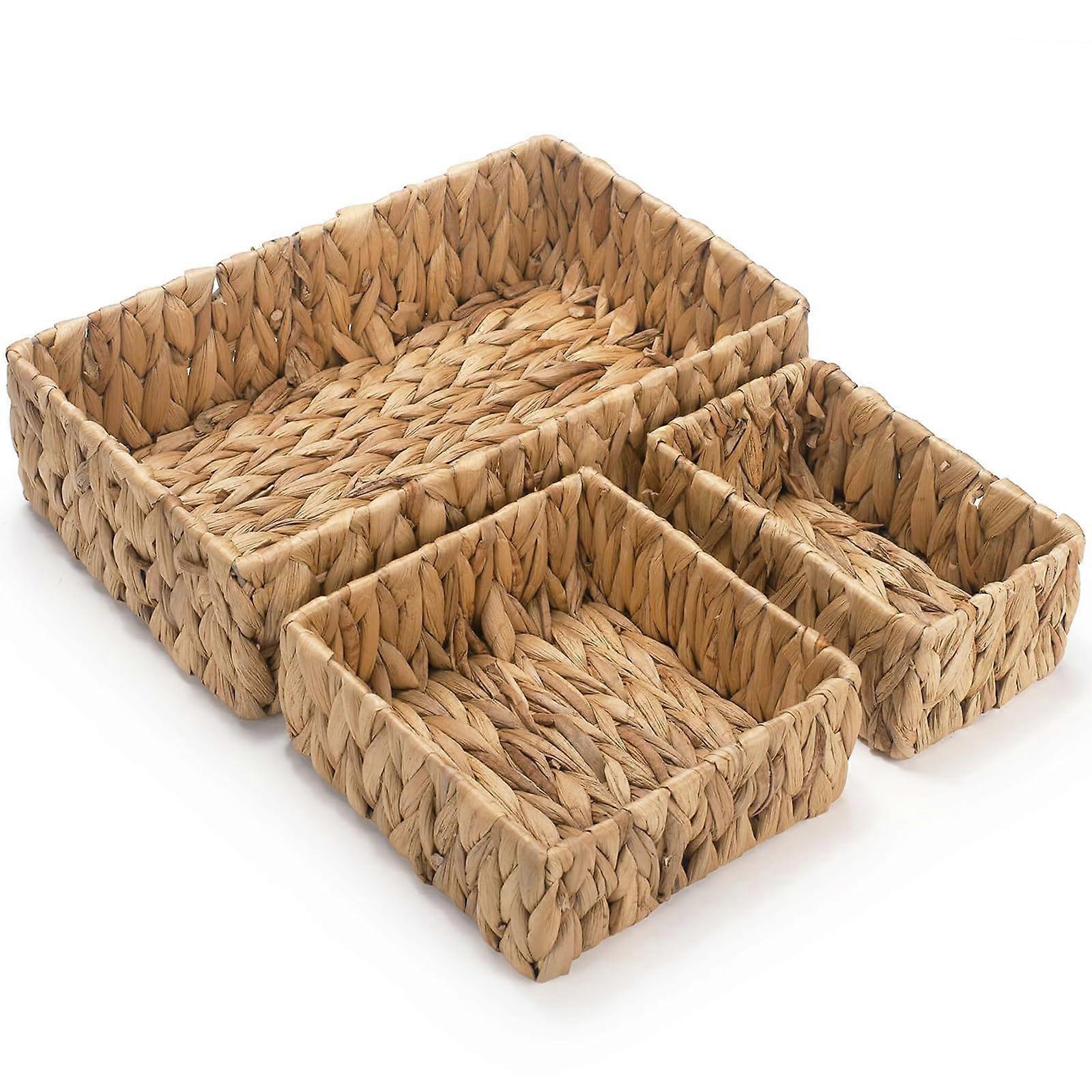 3 Pack Wicker Storage Baskets Set, Handwoven Water Hyacinth MultiSize Bins for Shelf Organizing