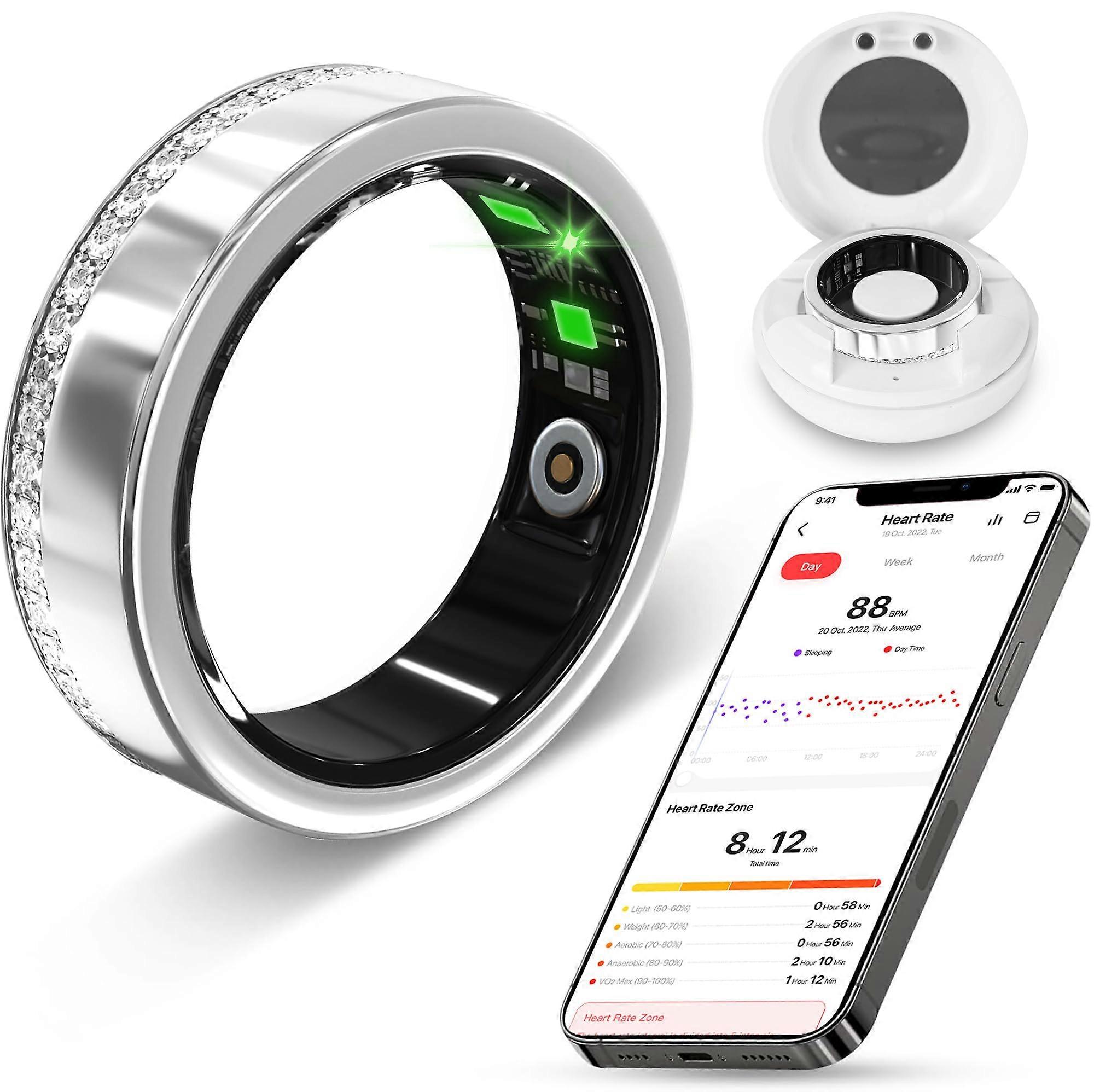 Smart Ring with Heart Rate, Oximetry and Sleep Tracking, Health Tracker Ring for iOS and Android, Silver Size 9
