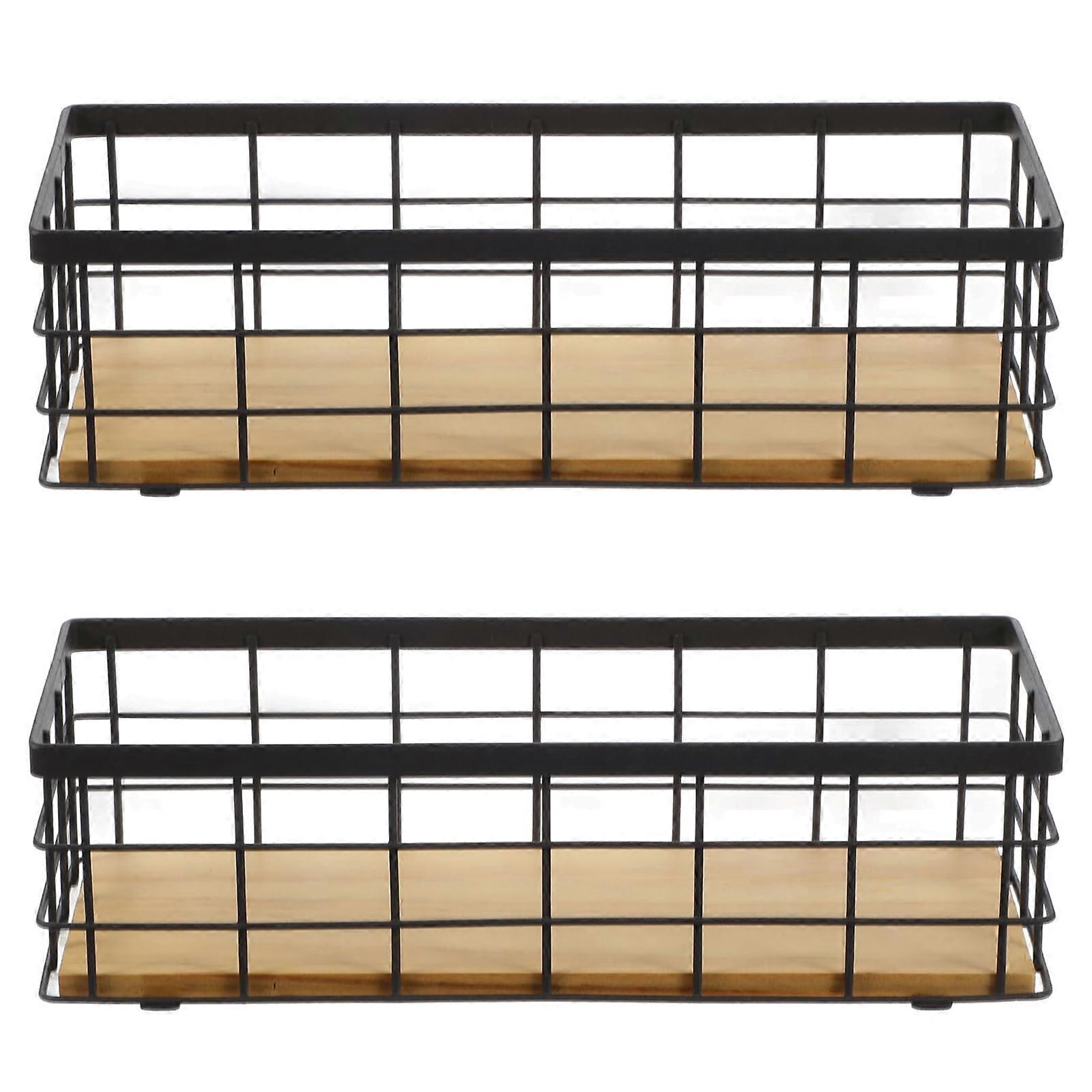 2 Pack Wire Storage Baskets with Wood Base, Narrow Rustic Storage Bin for Bathroom, Kitchen, RV