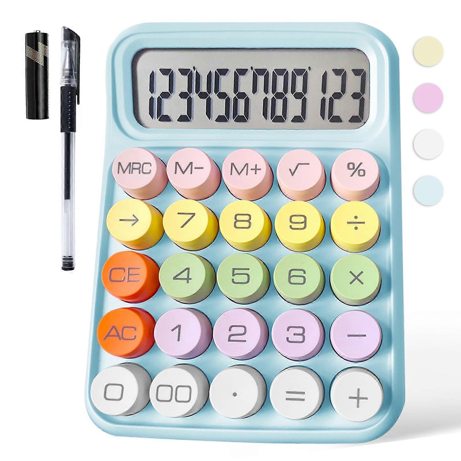 12 Digit Large LCD Display Desktop Calculator with Retro Round Buttons and Tilted Screen Blue
