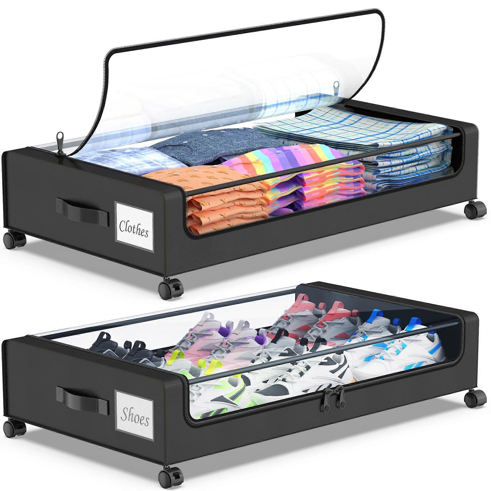 Under Bed Storage with Wheels, 2 Pack 60L Rolling Bins with Lids and Clear Window for Clothes Shoes Blankets