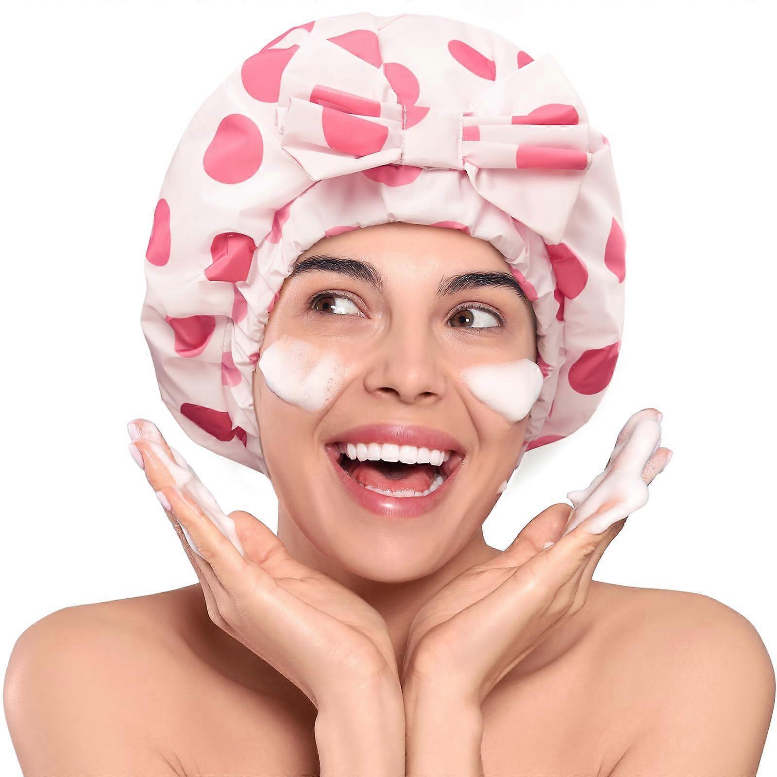 Luxury Silk Lined Waterproof Shower Cap for Women, Adjustable Double Layer Bath Cap with Pink Dots