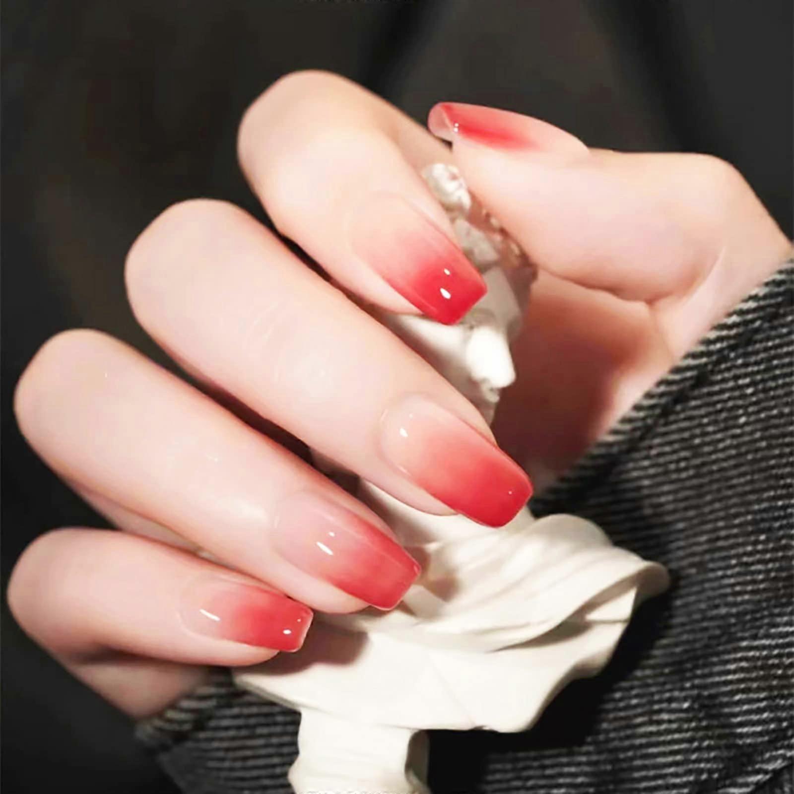 Red Ruby Gradient Press On Nails Medium Square Glossy Acrylic Full Cover Nail Set 24Pcs