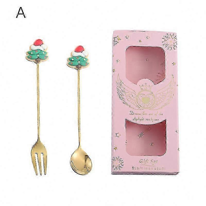 2pcs Christmas Spoon Fork Elk Christmas Tree Tableware Coffee Spoon Tea Spoon