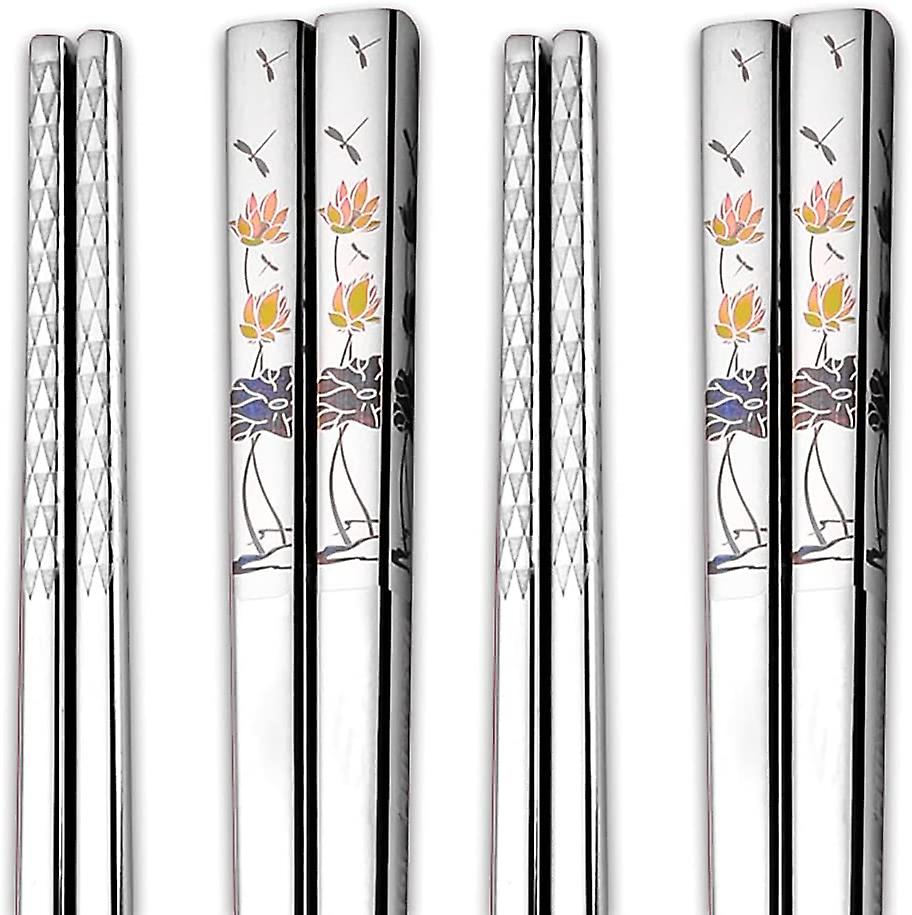 Metal Chopsticks Reusable Dishwasher Safe, Square Fancy Color Laser Engraved Chopsticks for Cooking, Non-Slip, 9.8 Inch, 2 Pair Gift Set , Color Laser