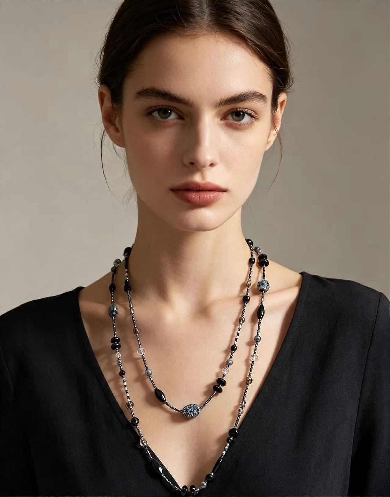 Vintage Black Marble Beaded Long Necklace