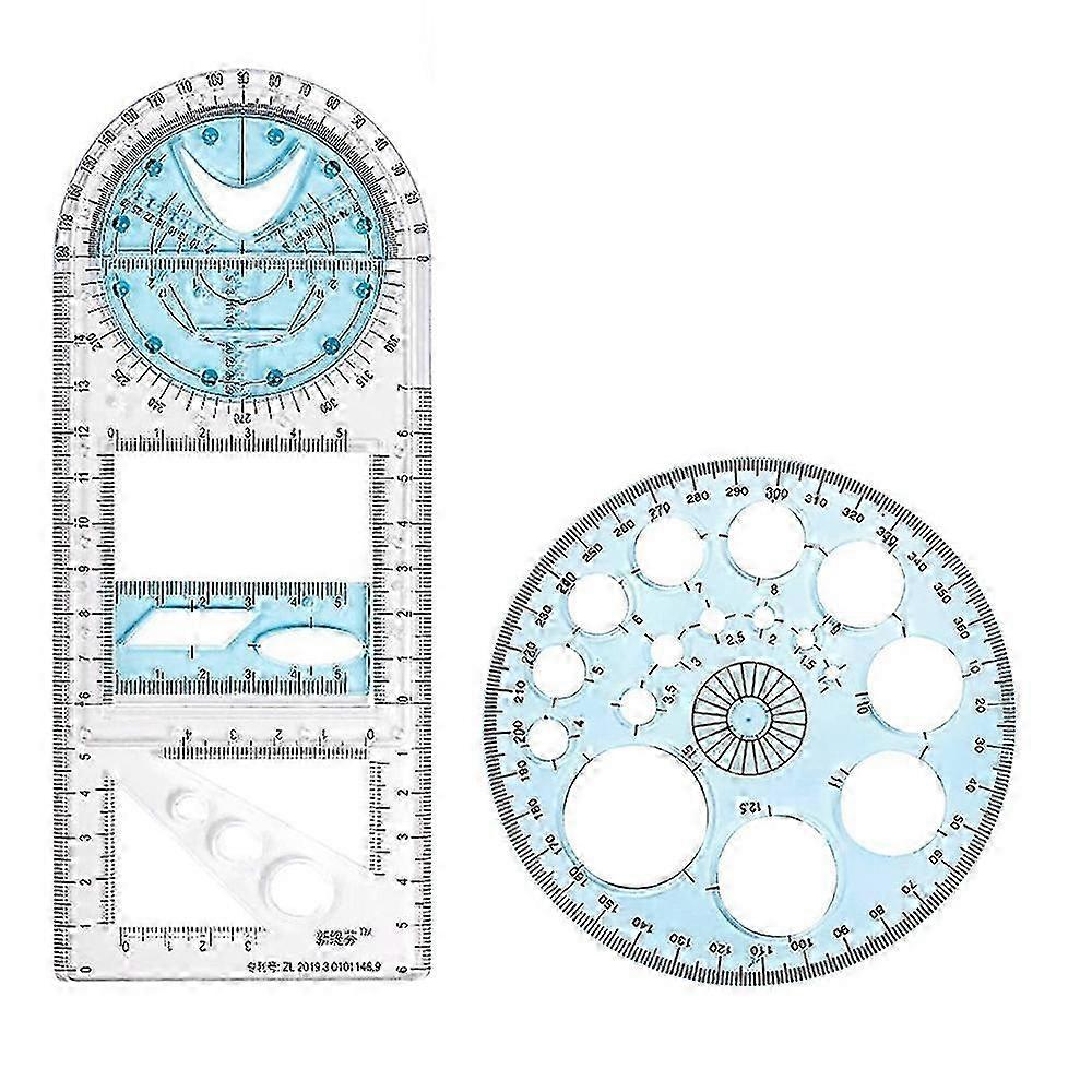 2 Pcs Multifunctional Geometric Ruler Plastic Circle Drawing Tool Drafting Templates Clear Graphic Design Tools