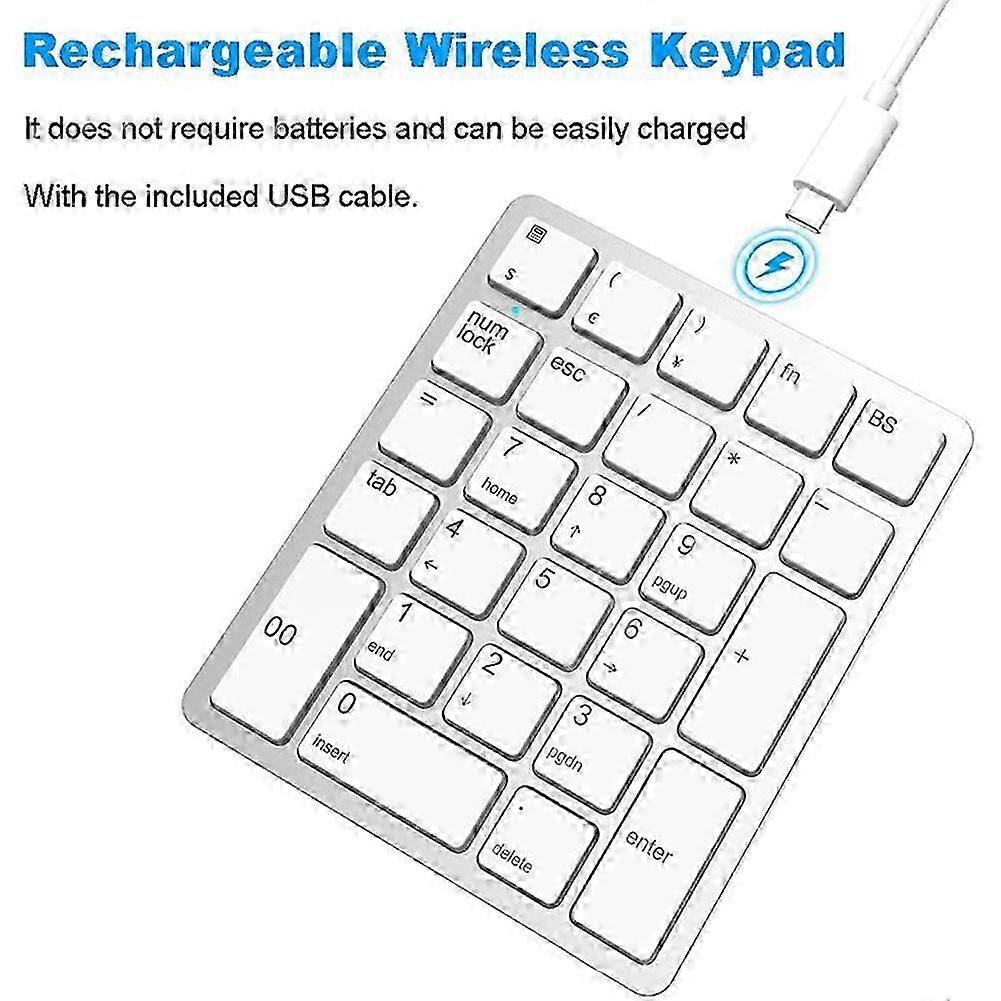 Wireless Numeric Keyboard 2.4GHz Wireless Rechargeable Numeric Keyboard compatible with Laptops White