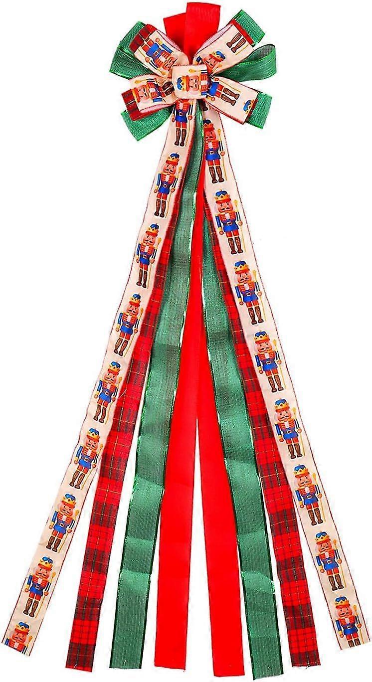 Christmas Tree Topper Bow with Nutcracker Pattern, Large Ribbon Bow Tree