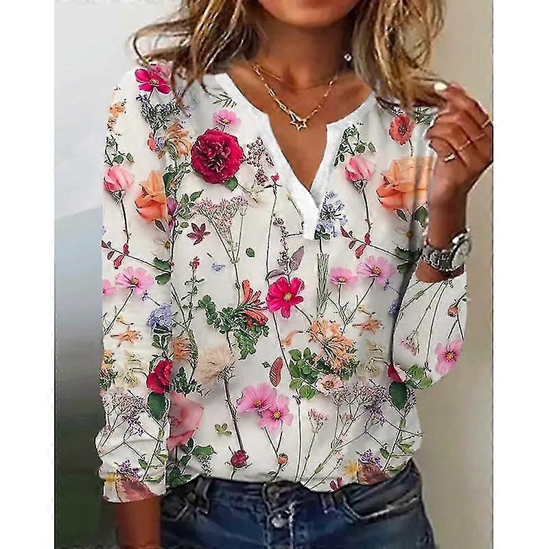 المرأة الصيف الأزهار طويلة الأكمام تي شيرت فضفاضة الخامس الرقبة بالإضافة إلى حجم تي شيرت قمم مريحة