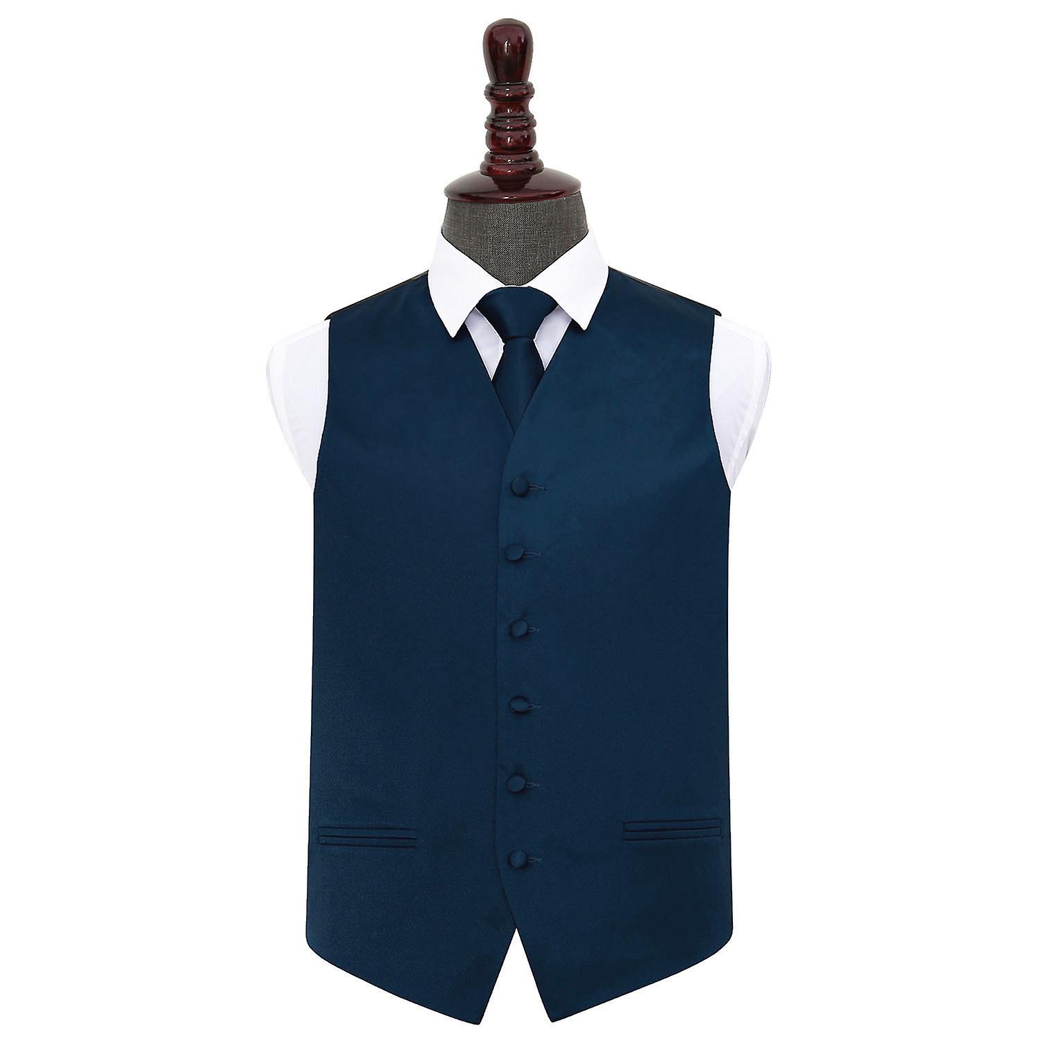 Navy Blue Plain Satin vesta de nunta si cravata Set