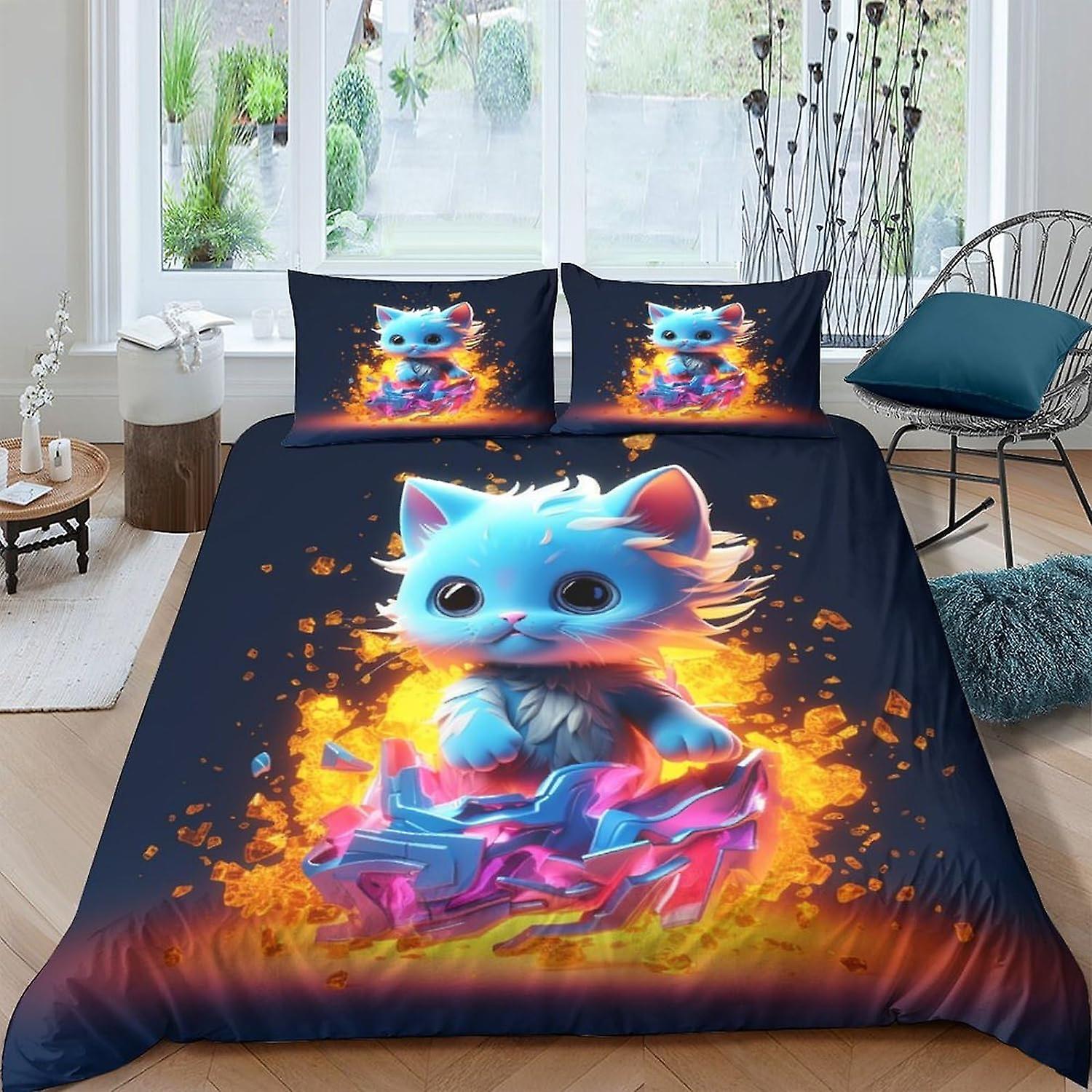 EKENOZ Cat Quilt Påslakan 3 Piece Set Djur med Dragkedja 3D Mjuka Sängkläder Sängkläder Mikrofiber Sängkläder Dubbel