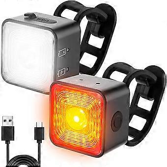 Fietslicht voor en achter, LED-fietsverlichting, remwaarschuwing, USB oplaadbaar waterdicht LED-fietslicht
