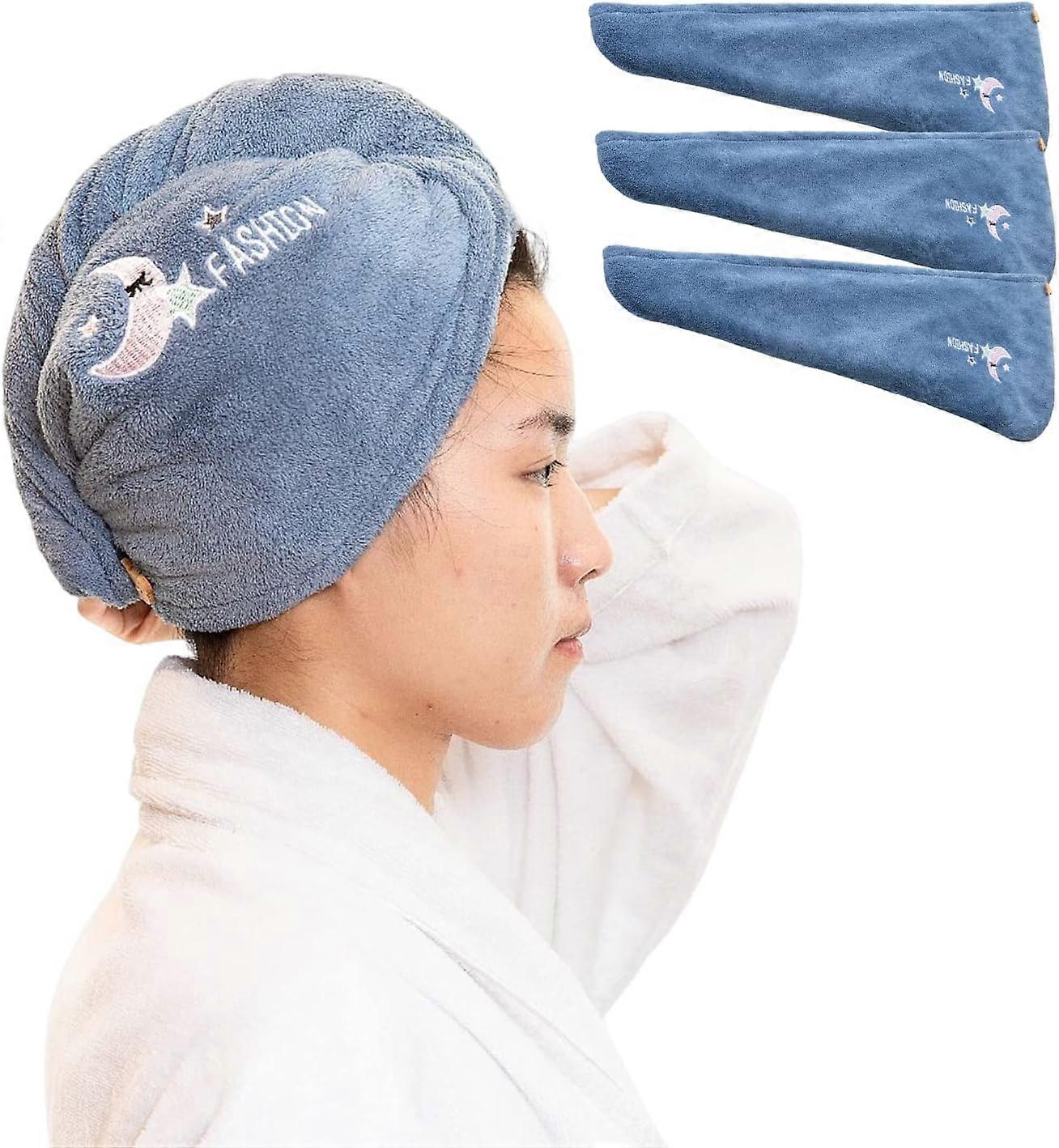 Quick Dry Towel, Hair Turban, Quick Dry, Microfiber Towel with Button, Absorbent, Stable Hold (3 Blue)