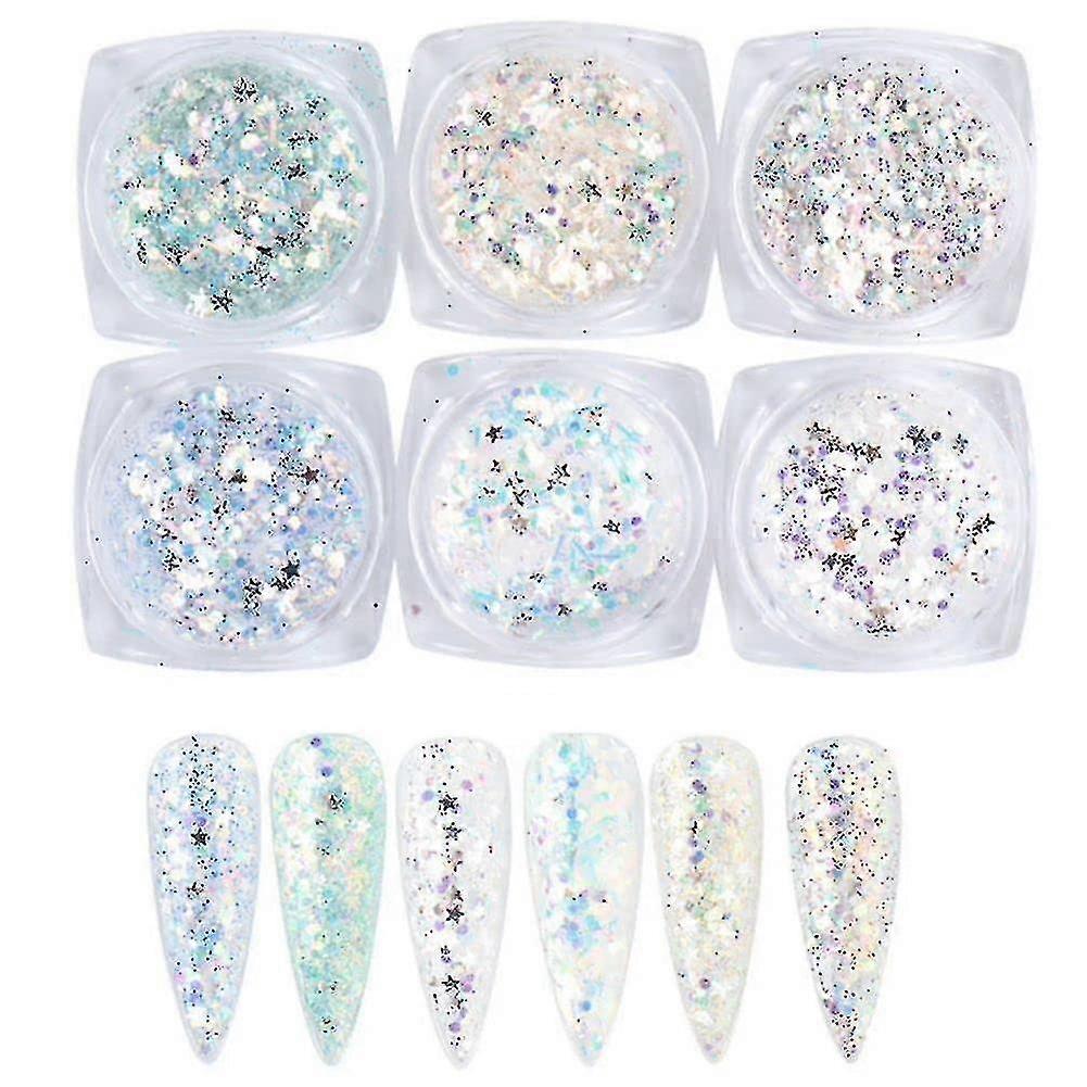 Holographic Nail Art Sequins, 6 Boxes 3D Metallic Glitter