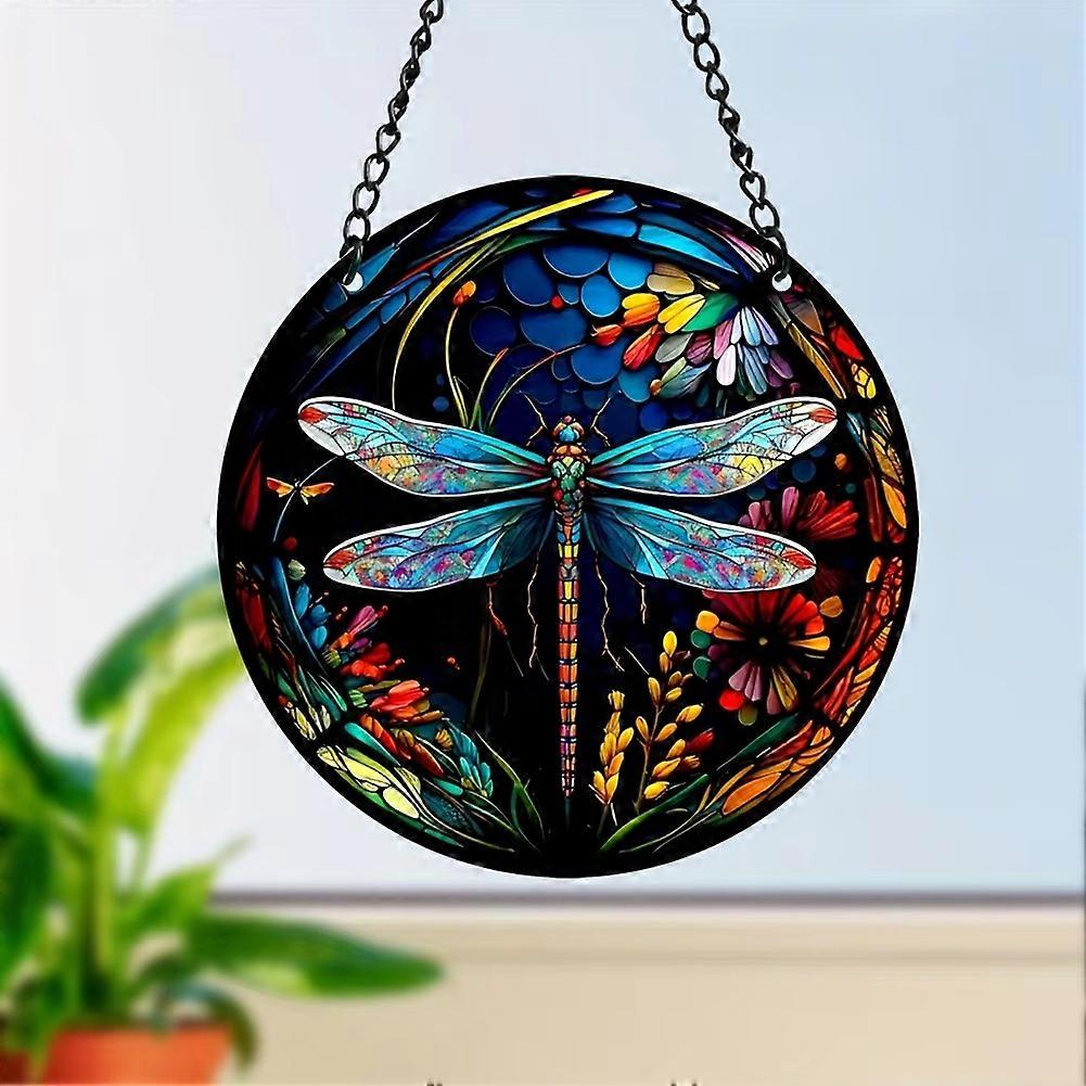 9.8 Inch Dragonfly Stained Glass Suncatcher - Hand-Painted Window Hanging Decor With Chain