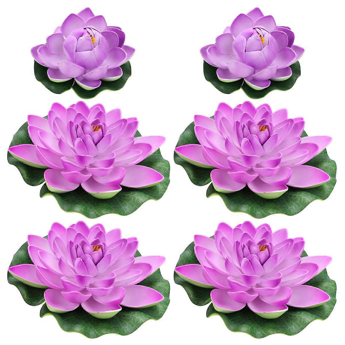 6PCS Artificial Lifelike Lotus Lilies Simulation Plastic Pond Plants Home Decoration - 4PCS Size L and 2PCS Size M (Violet)