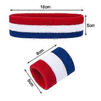 thumbnail interactive-video image 1 of 2-Pack Men's Sports Headband & Wristband Set – White With Blue & Red Stripes (bt) 1 of 4