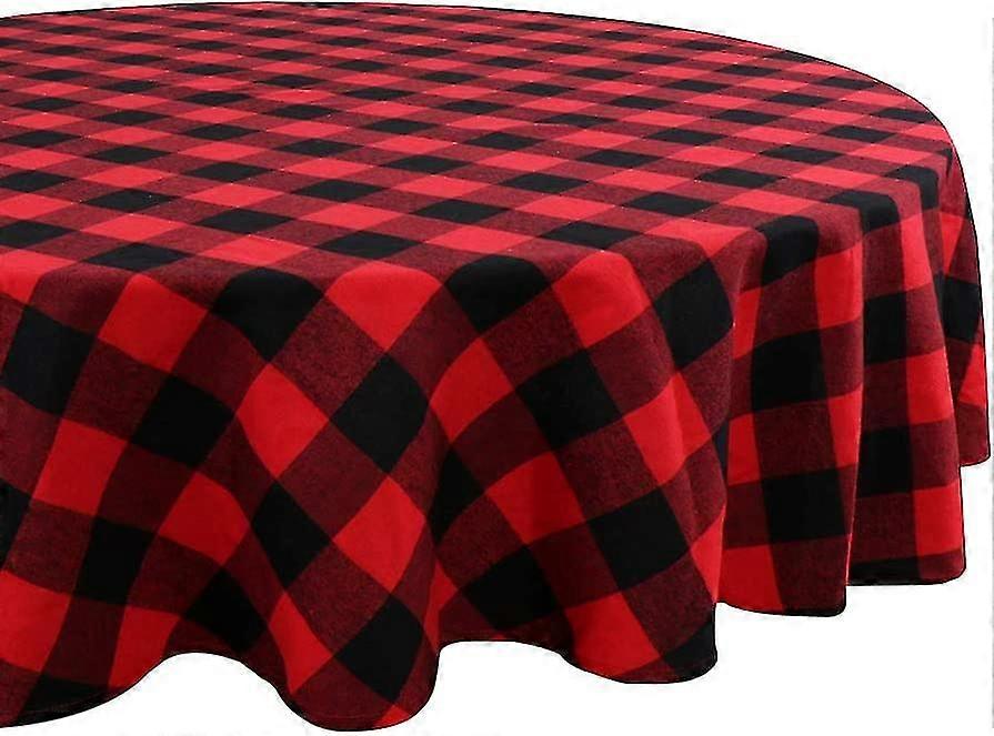 Plaid Cotton Christmas Tablecloth Round 55 Inch, Waterproof Red And Black Checked Tablecloth