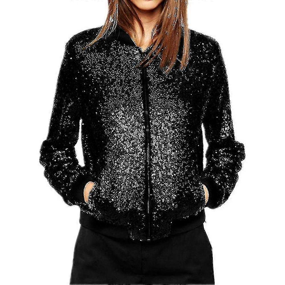 Womens Sequined Slim Zipper Collarless Casual Jacket-yvan