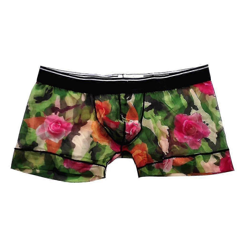 Mens Sexy Mesh See Through Rose Flower Boxer Briefs Underwear Grey M