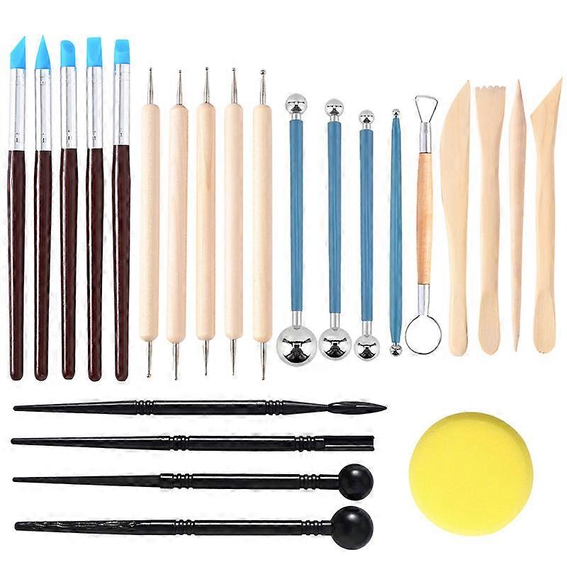 Set of 24 Clay Sculpting Tool Wooden Handle Pottery Carving Tool Kit Carrying