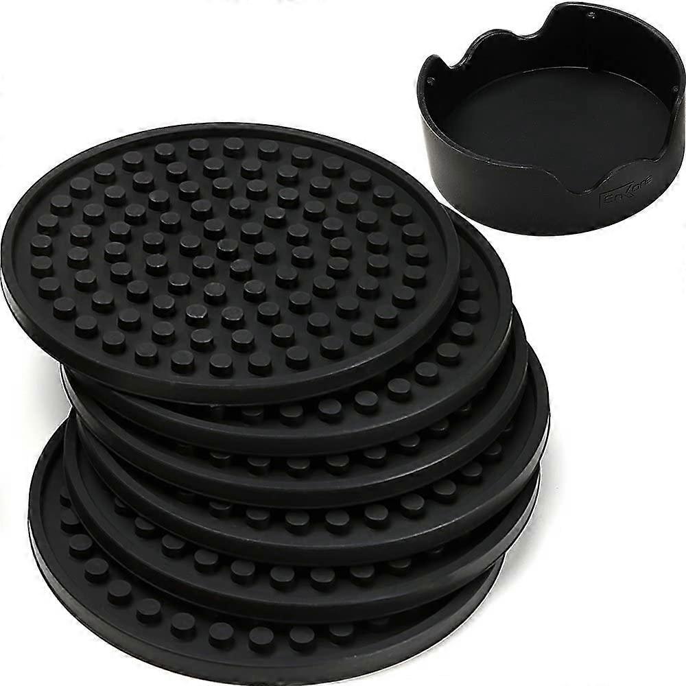Coasters For Drinks - Set of 6 with Holder, Black - Protect Furniture From Water Marks or Damage - Deep Tray and Rim Catch Cold Drink Sweat Without Sp
