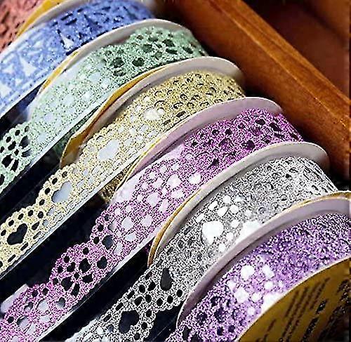 Washi Tape,lace Pattern Glitter Bling Self-adhesive Tape, Masking Diy Scrapbooking Lace Tape Sticker 6 Roll Color Random