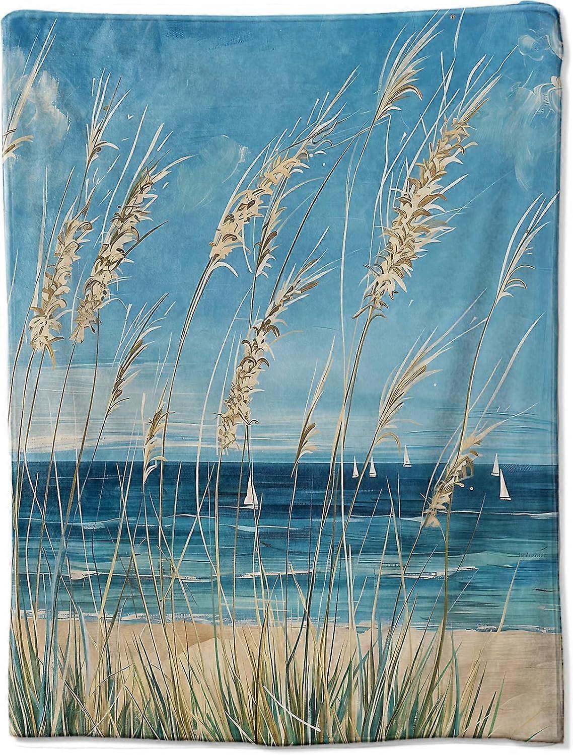 مشهد الشاطئ مع الأعشاب التوضيح بطانية الصوف هادئة ومريحة 40x50 بوصة بطانية رمي تحت عنوان الساحل
