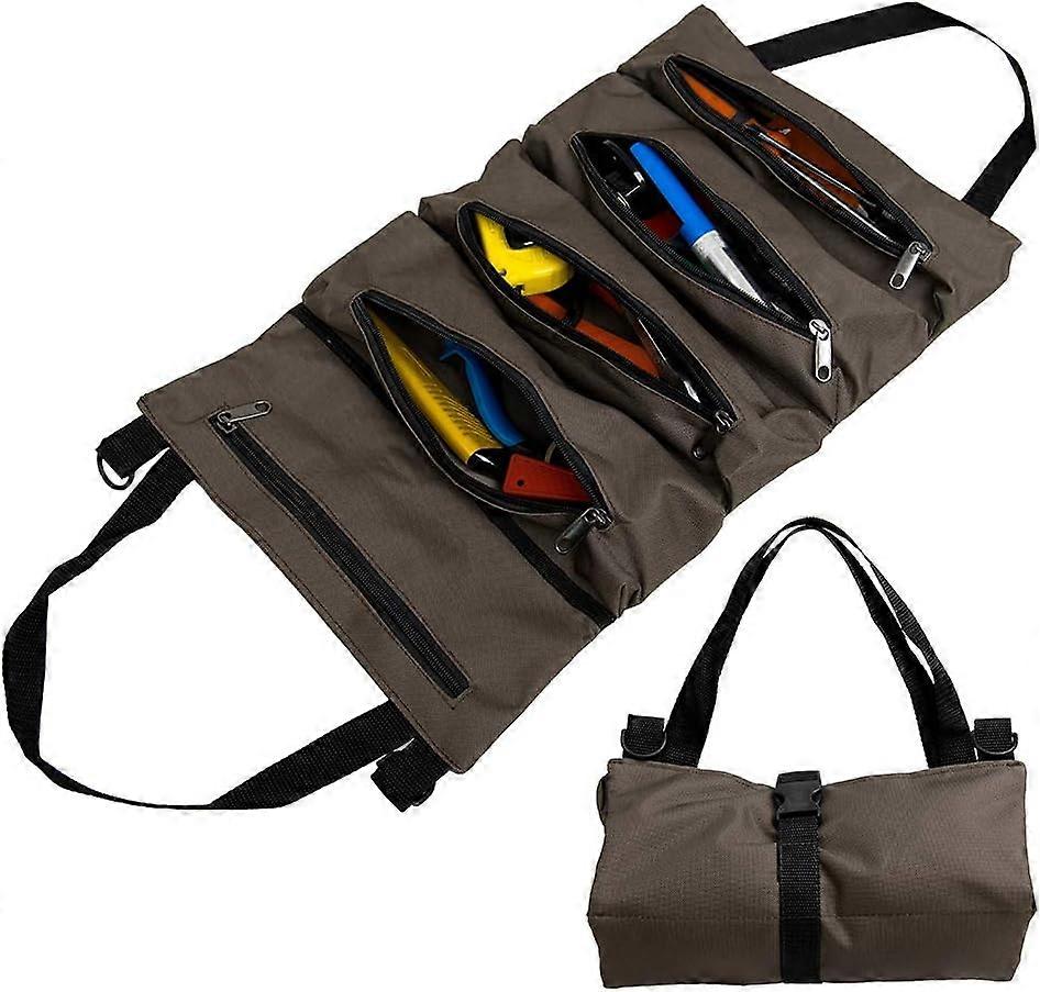 Tool Bag with 5 Zippered Pockets, Portable 600D Oxford Tool Bag, Roll Auto Tool Organizer Tool for Electrician Plumber or Mechanic (Dark Brown)