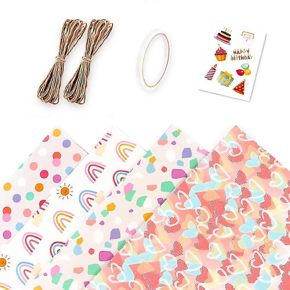 Gift Wrapping Paper Birthday,rainbow Pink Folded Gift Wrap Set 50*70cm(12 Sheets) W/string And Sticker
