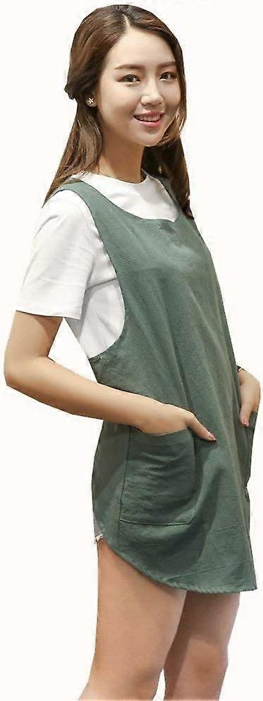 Gardening Apron Army Green Cropped Design Apron, Japanese Style Soft Cotton Linen Apron with Two Side Pockets, X Cross Halter Apron, Kitchen Clothes G