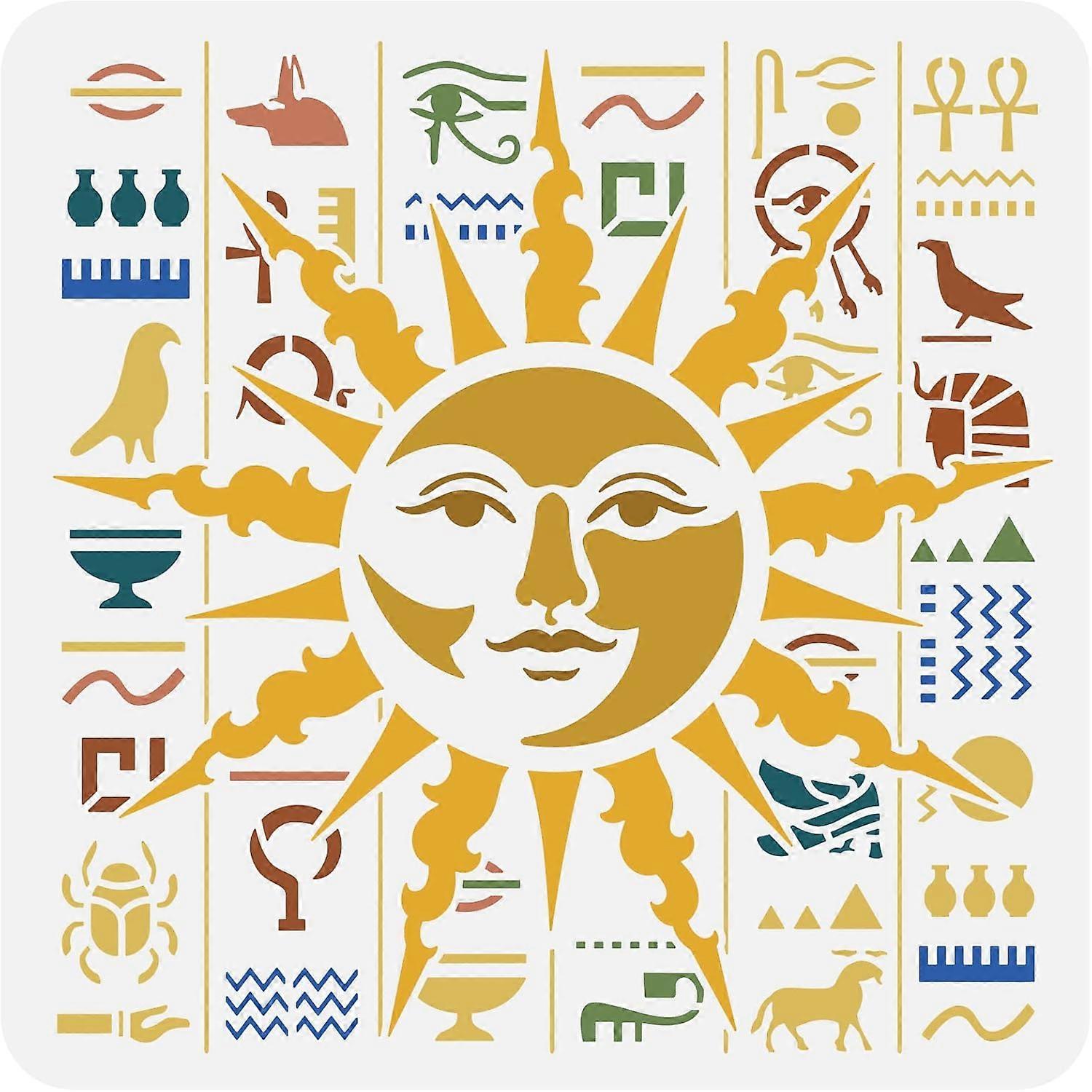 Sun Face Stencil 11.8x11.8 inch Egyptian Script Stencil Plastic Sun Stencil Reusable Hieroglyphic Script Painting Stencil Celestial Sun Face Art Stenc