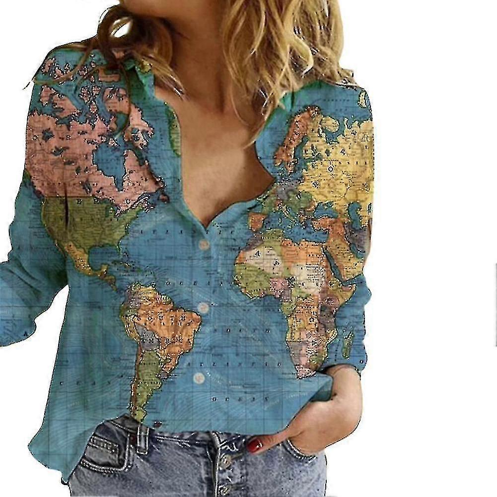 World Map Print Shirt Lady Long Sleeve Blouse Summer Daily Causal Tops Single-breasted Turn-down Collar Geography Pattern