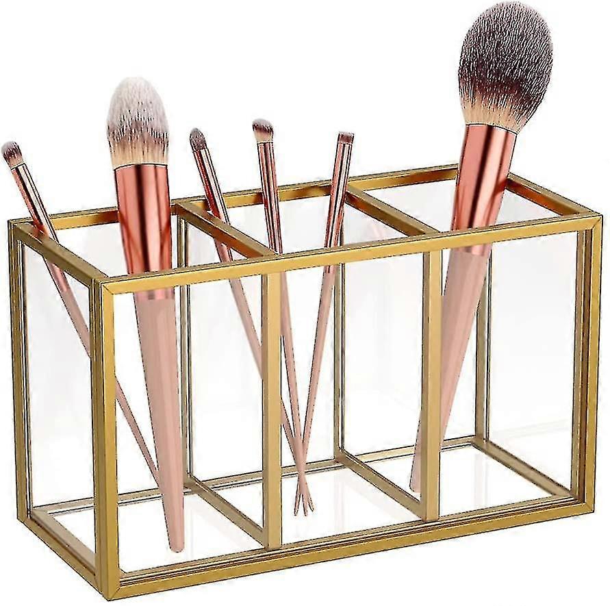 Soporte de cepillo de maquillaje dorado