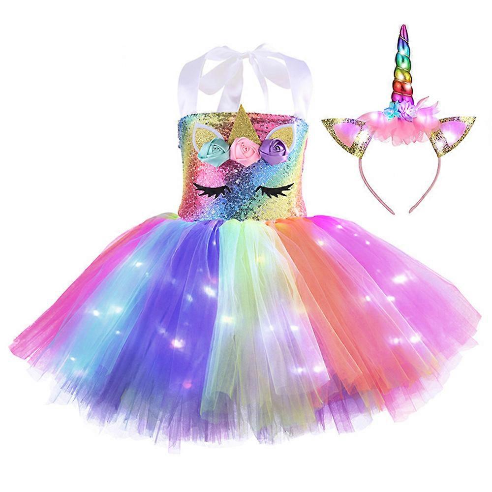 Dzieci Dziewczęta Jednorożec Kostium LED Light Up Tutu Sukienka Opaska Zestaw Halloween Urodziny Strój Prezent